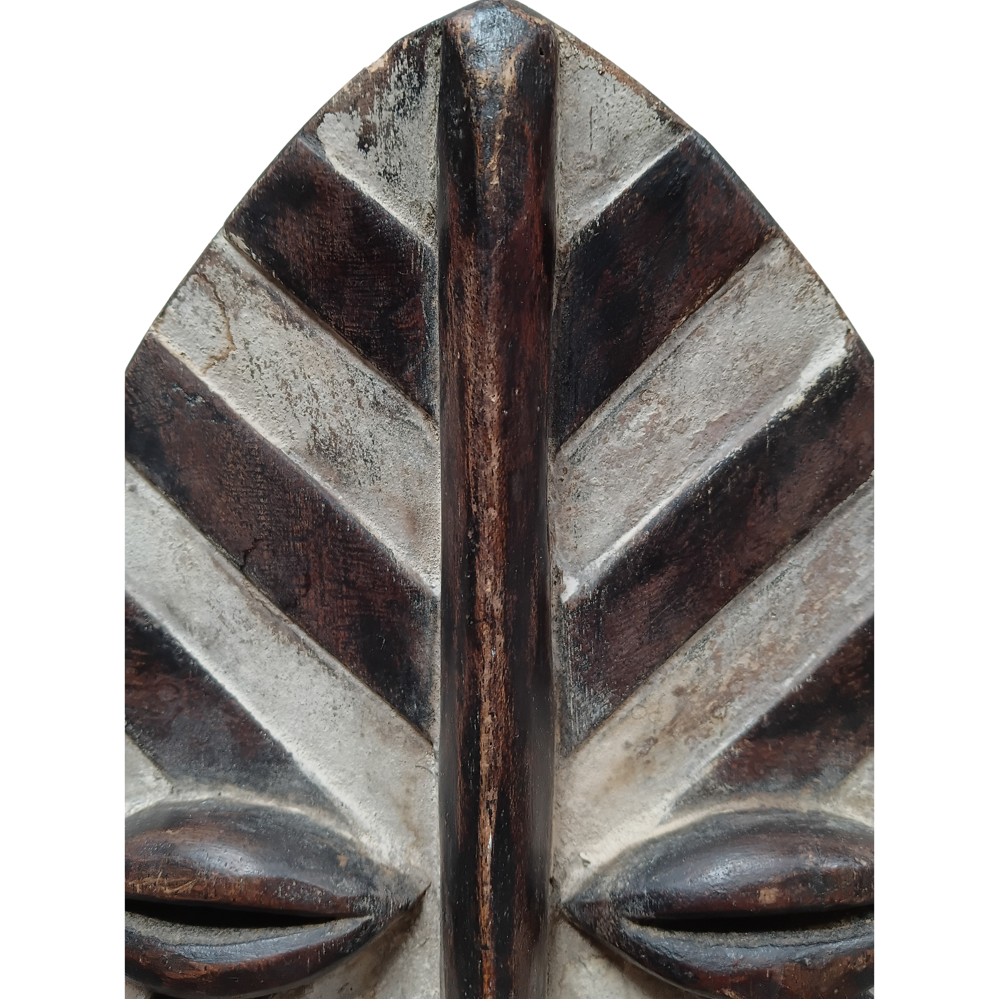 Close-up of a carved wooden mask with closed eyes, featuring dark brown and weathered gray painted details on a white background.