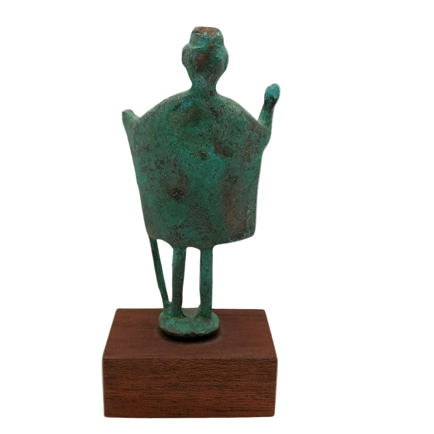 Bronze sculpture on a wooden base against a white background