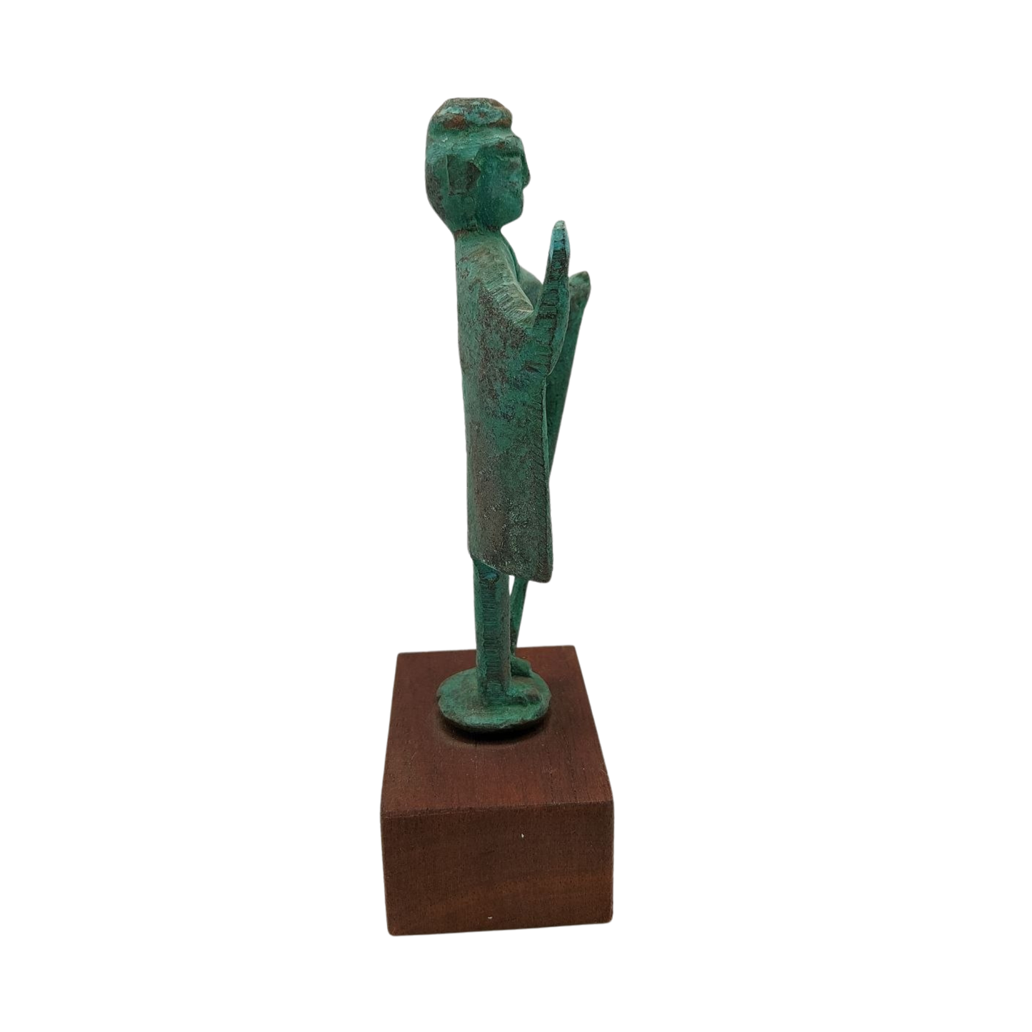 Bronze statue on a wooden base against a white background