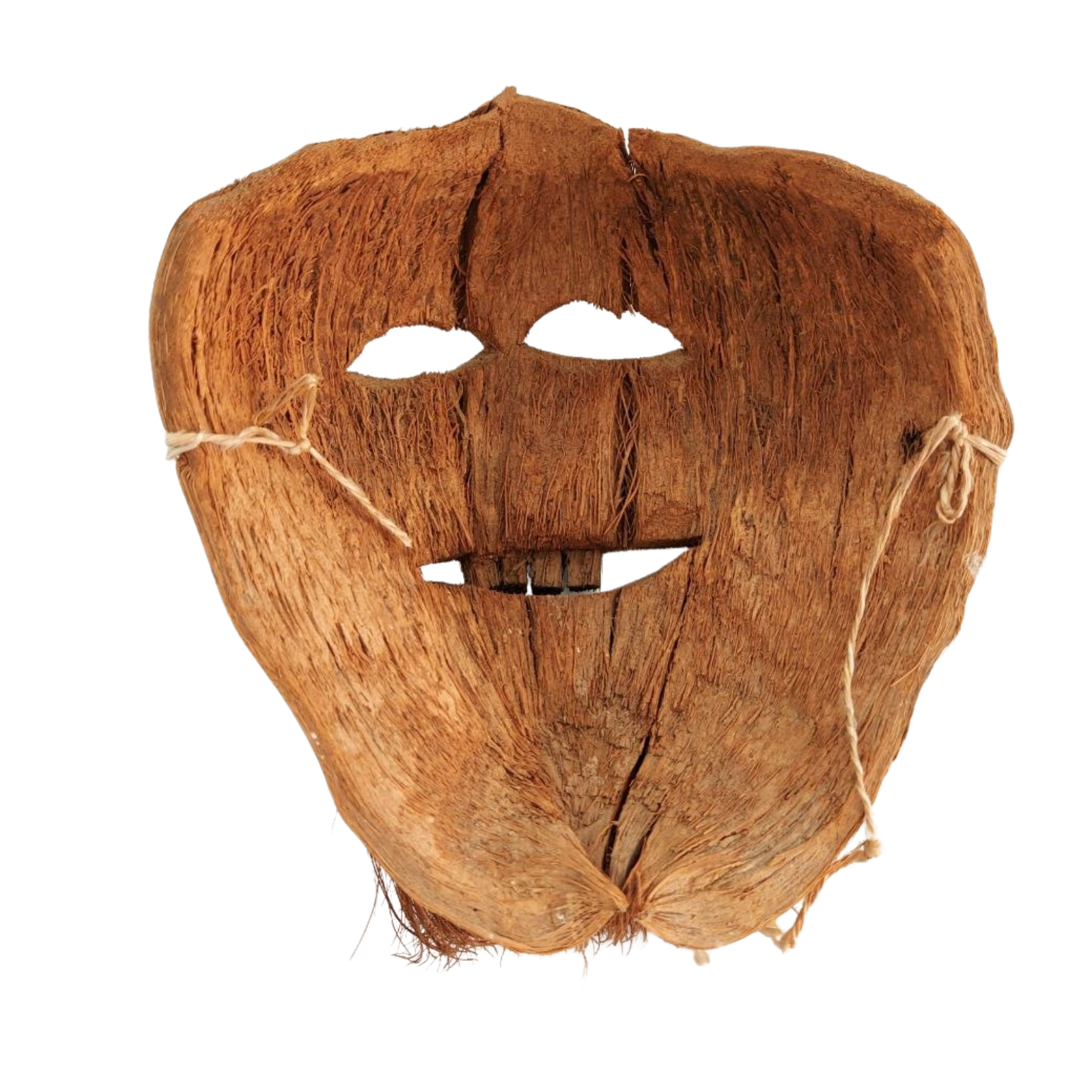 Coconut with a carved face on a white background