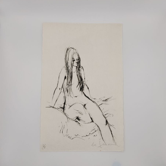 Black ink drawing of a nude figure on beige paper against a white background