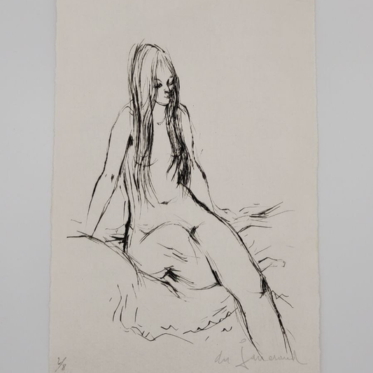 Black ink drawing of a nude figure on beige paper
