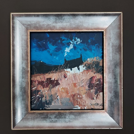 Framed George Somerville painting with a metallic frame on a dark background