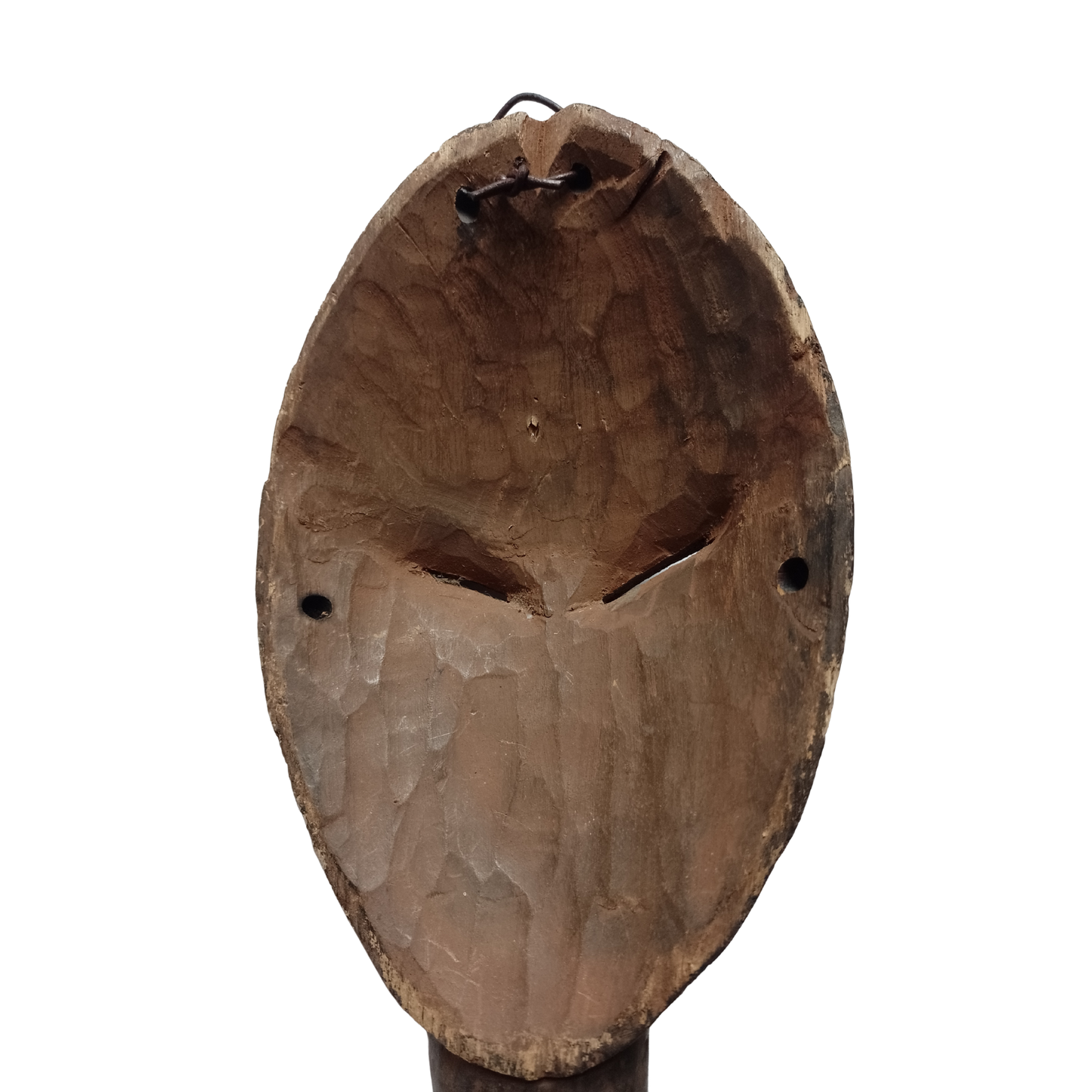 Wooden mask with a natural brown finish on a white background