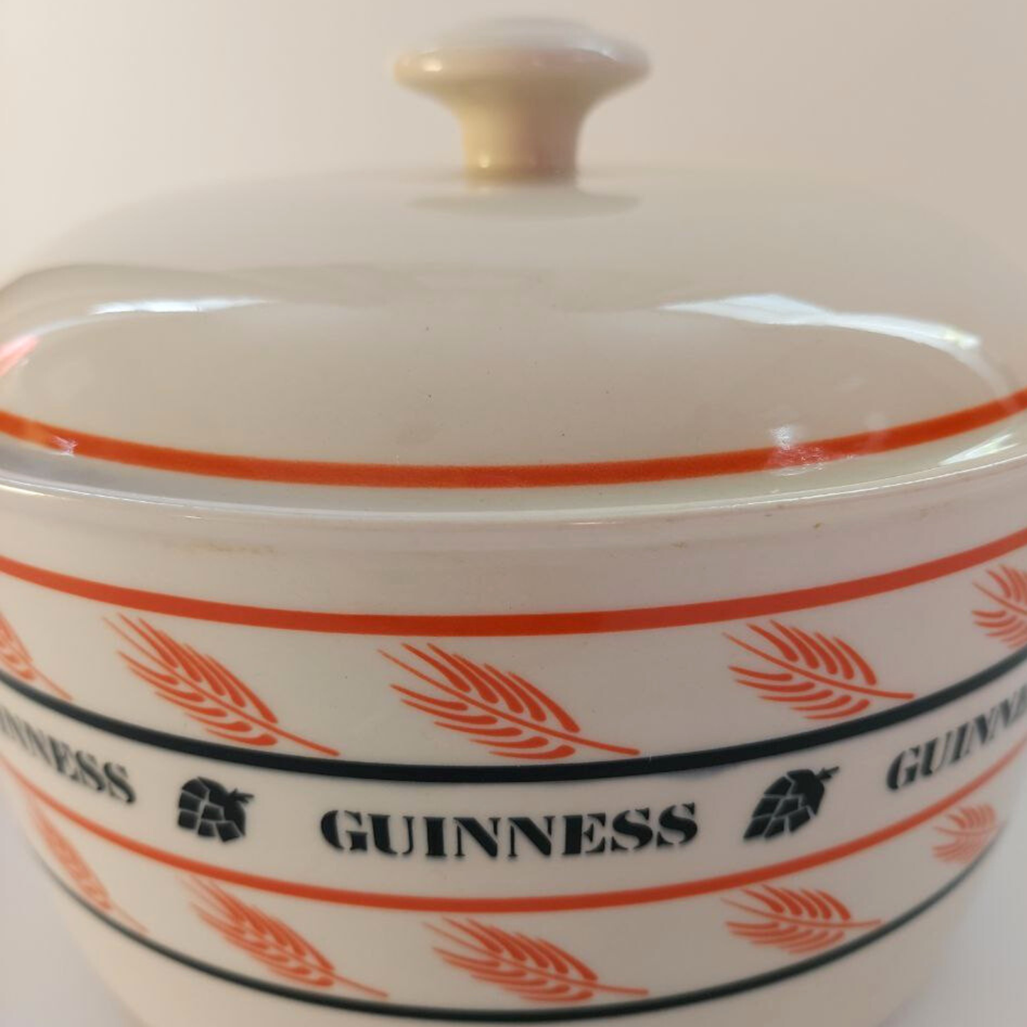 Beige dish with Guinness logo and text on a white background