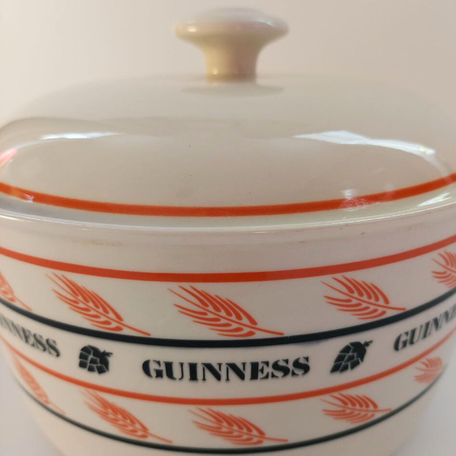 Beige dish with Guinness logo and text on a white background