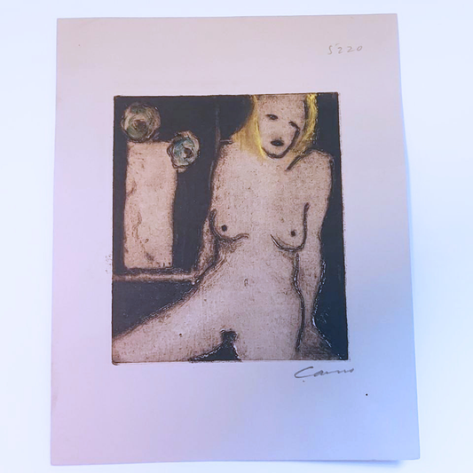 A nude woman etching with blonde hair against a white background. 