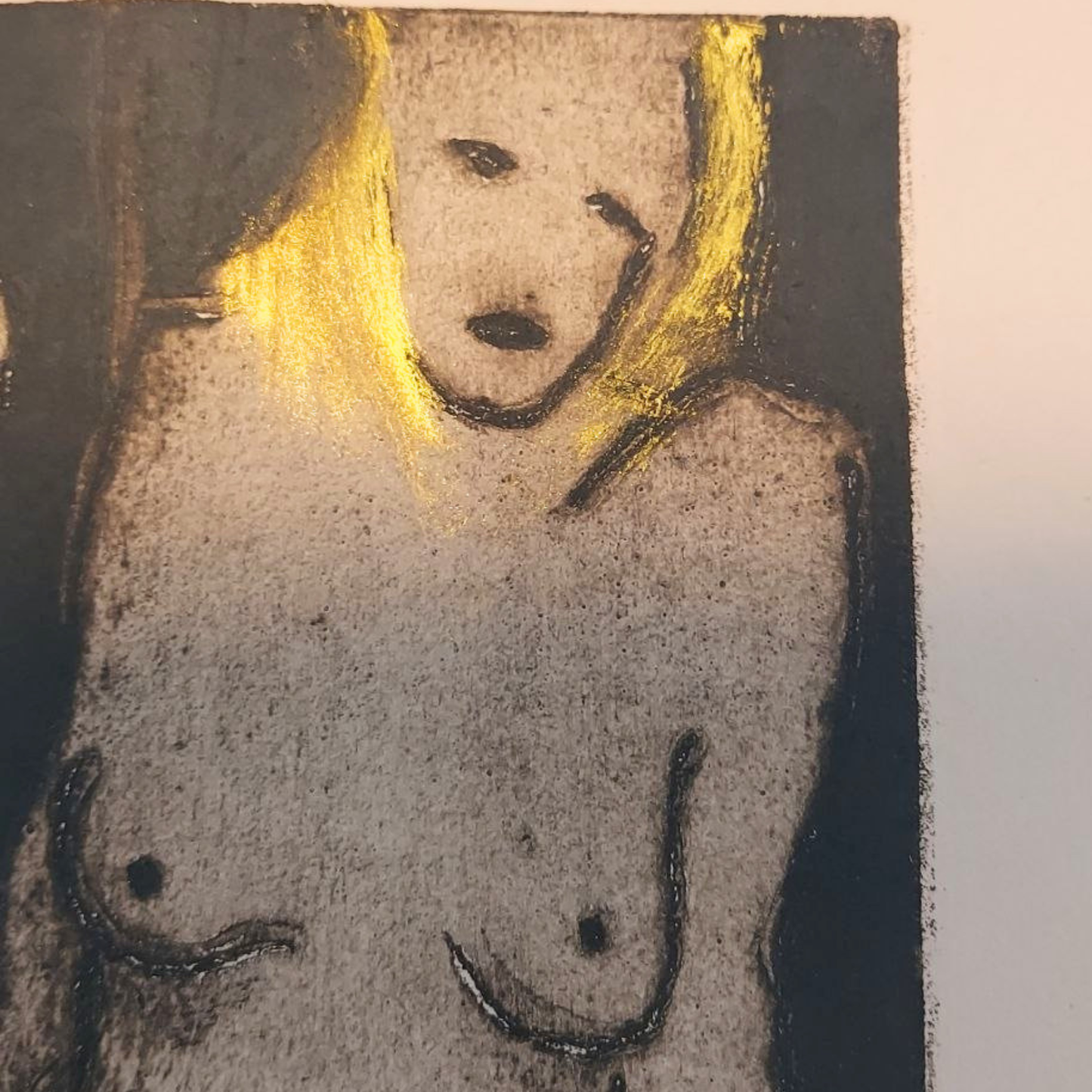 Artistic depiction of a nude figure with yellow hair on a textured surface.