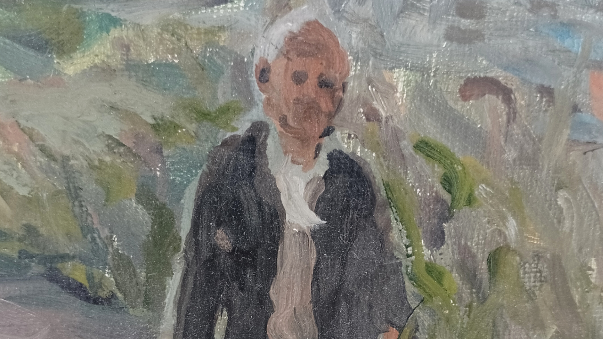Painting of a person in a dark coat with a white scarf against a natural background