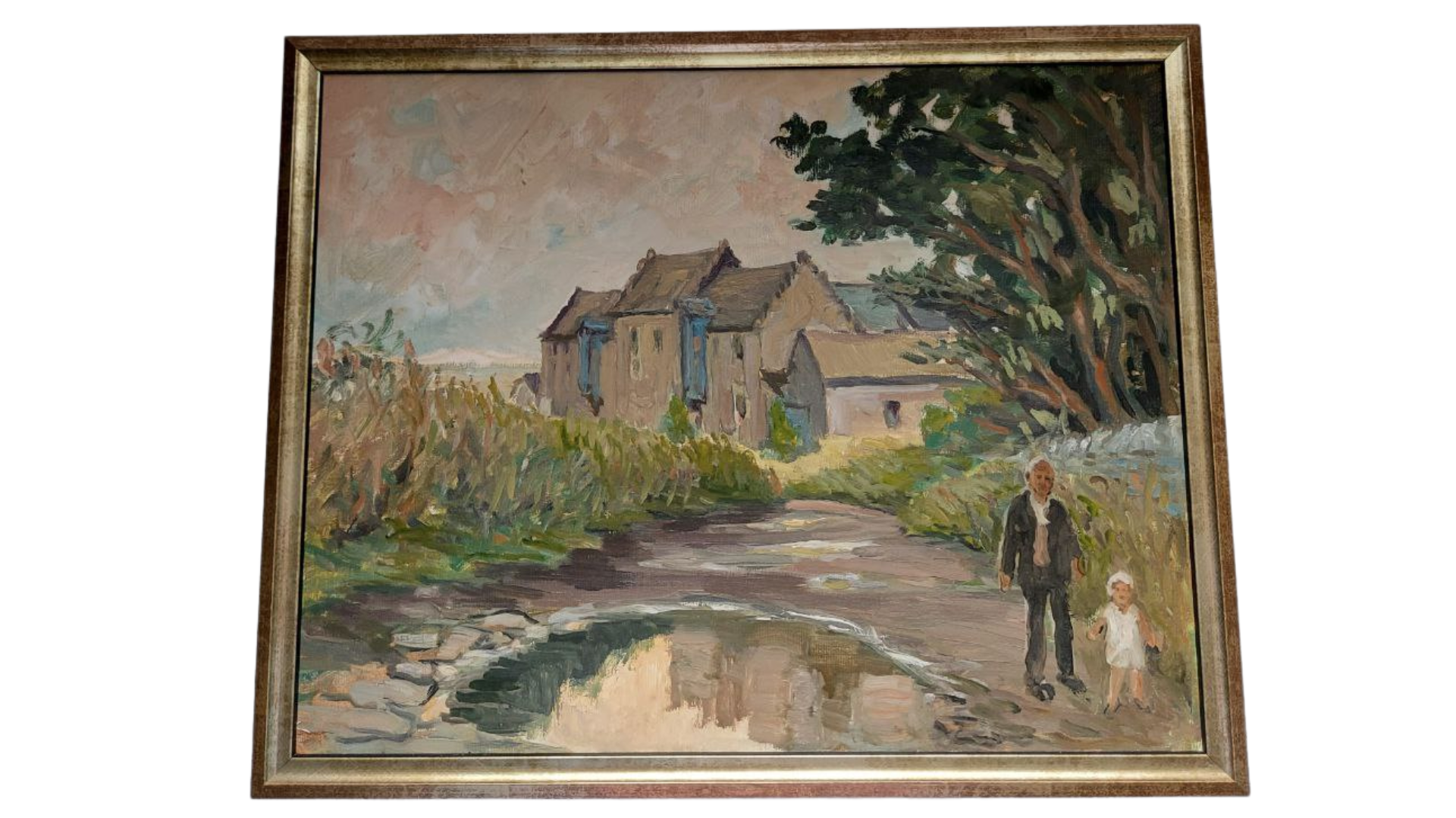 Painting of a man and child by a pond with a house in the background