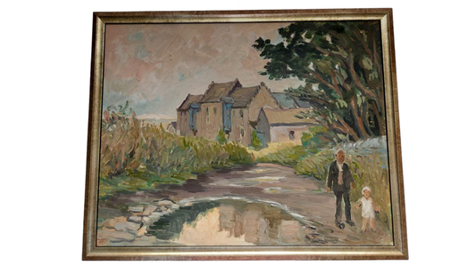 Painting of a man and child by a pond with a house in the background