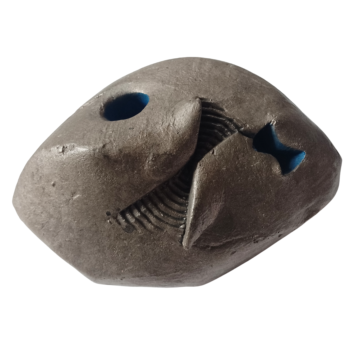 Abstract sculpture with blue eyes on a white background