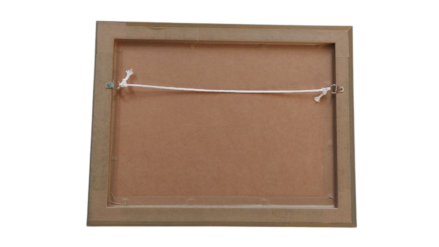 Wooden picture frame with a brown backer on a white background