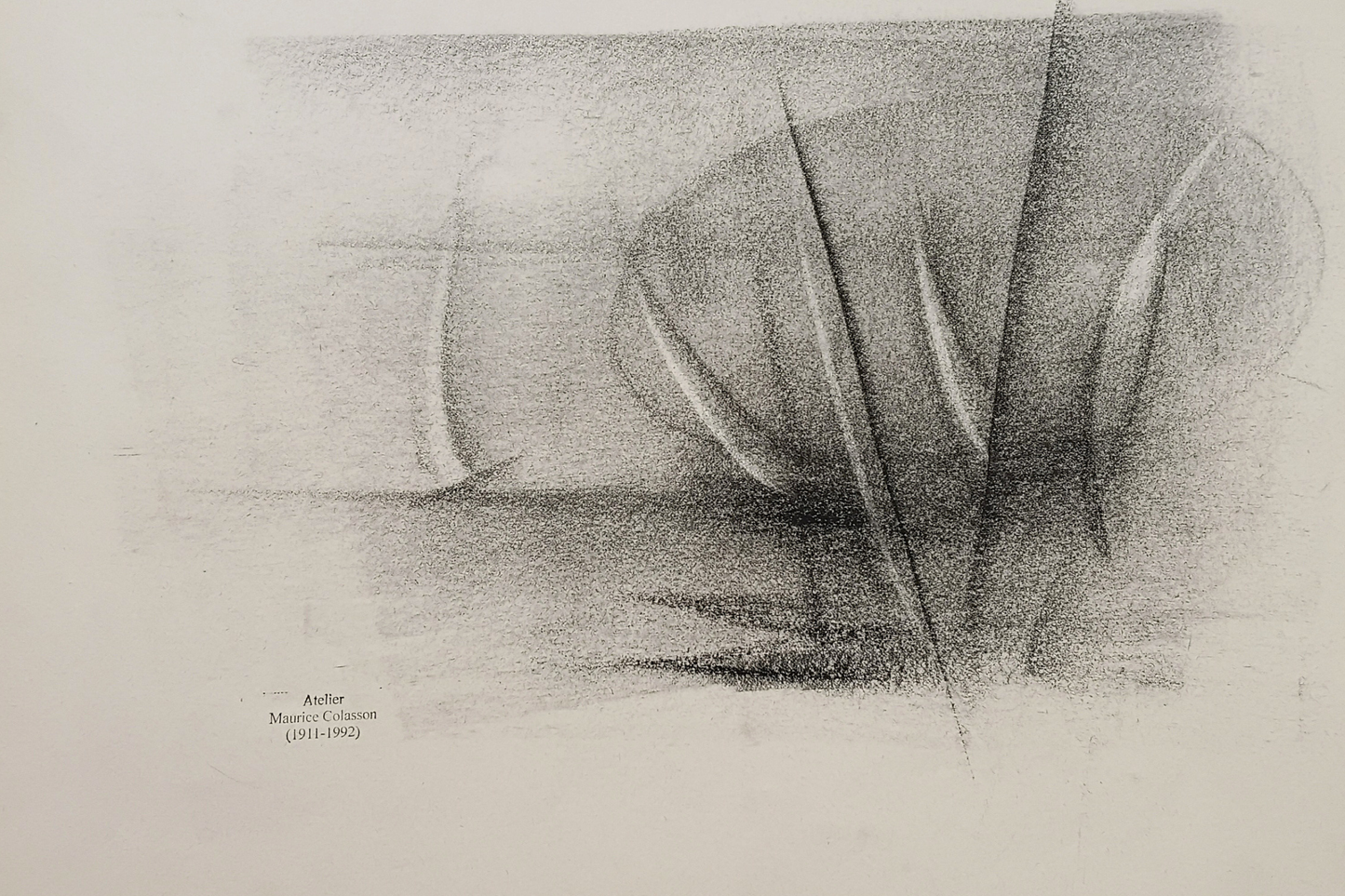 A monochrome charcoal sketch on paper, showing abstract organic forms and lines in shades of grey on an off-white background. Stamped 'Atelier Maurice Colasson 1911-1992)