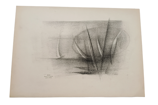 An abstract charcoal sketch on a square off-white paper sheet, featuring dark grey and black strokes with a small signature in the lower-left corner.