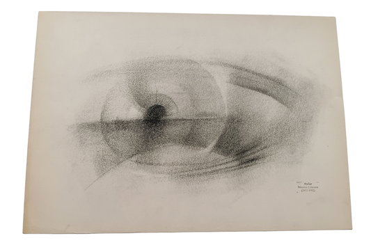 A monochrome abstract artwork on a square sheet of paper, featuring a stylised eye-like form rendered in charcoal with soft grey and black shading on an off-white background.