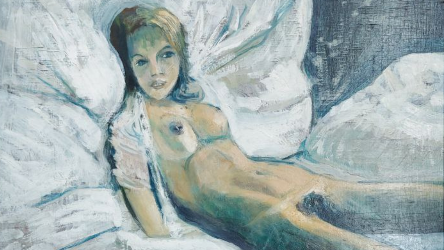Artistic depiction of a nude figure lying in bed