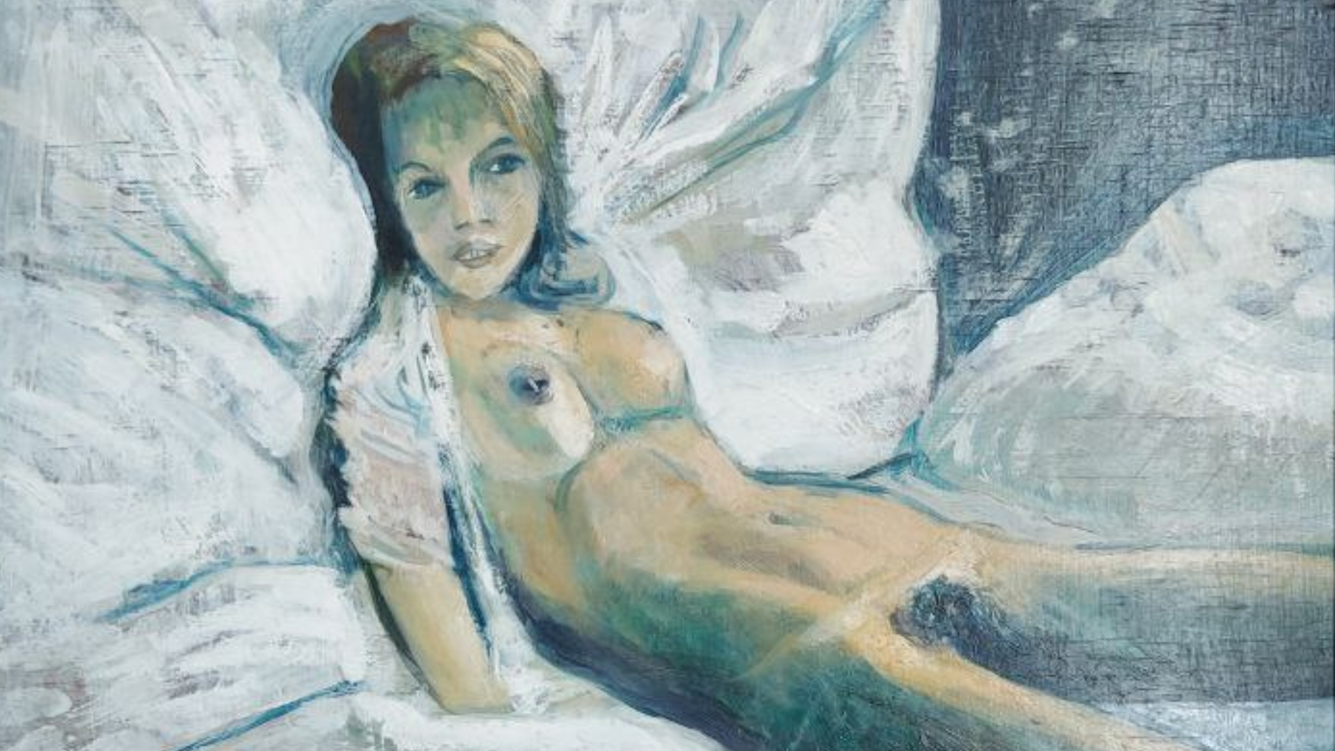 Artistic depiction of a nude figure lying in bed