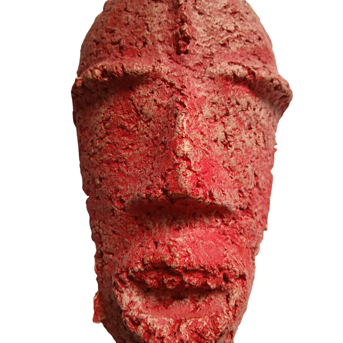 A textured red composite sculpture of a human face, shown against a plain white background.