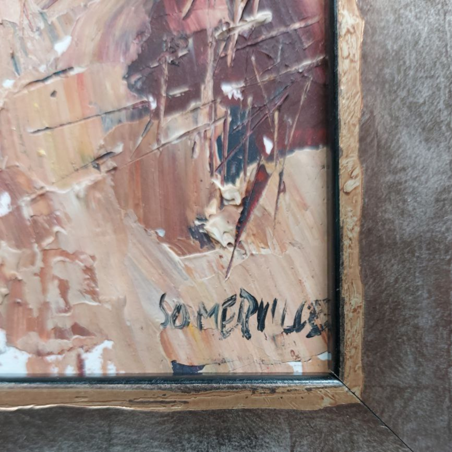 Painting with 'Somerville' signature in a wooden frame.
