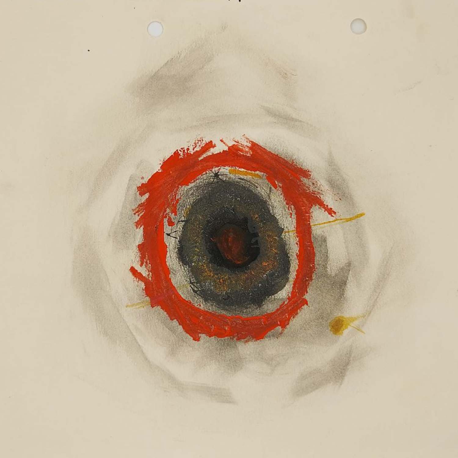 Abstract circular eye artwork with concentric red, grey, and yellow rings on a beige background