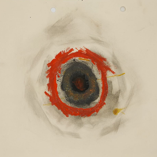 Abstract circular eye artwork with concentric red, grey, and yellow rings on a beige background